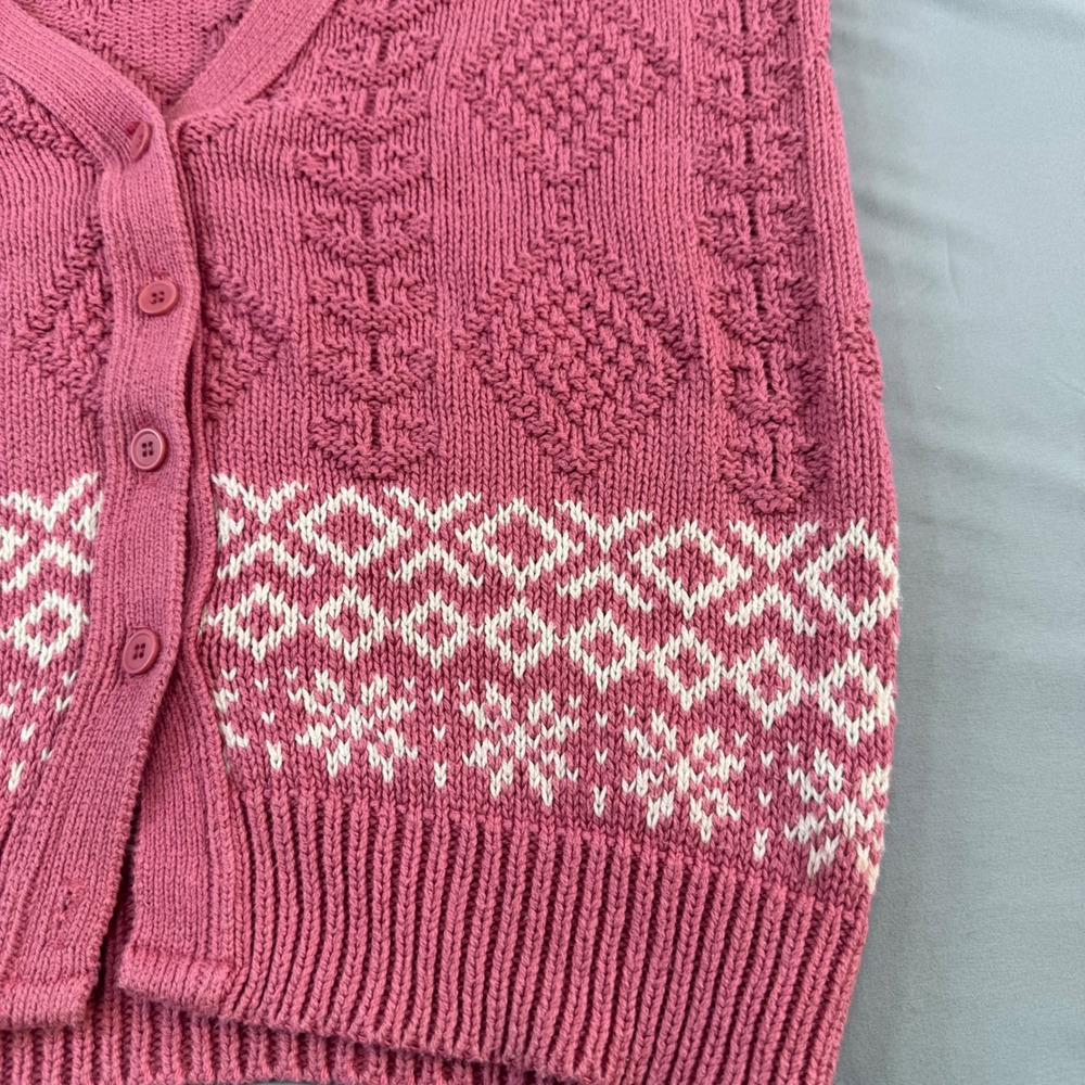 Woolrich Woman Vintage Pink Fair Isle Cotton Cardigan Sweater Made in USA Medium - Picture 3 of 16